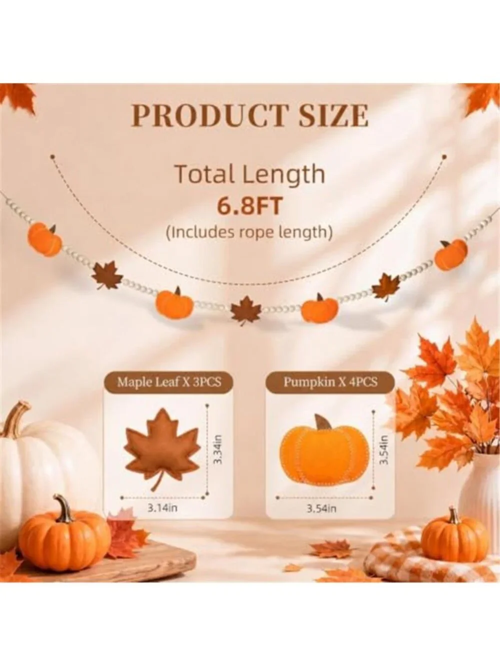 6.8 FT Fall Pumpkin Garland with Maple Leaves and Wood Beads, Autumn Decor